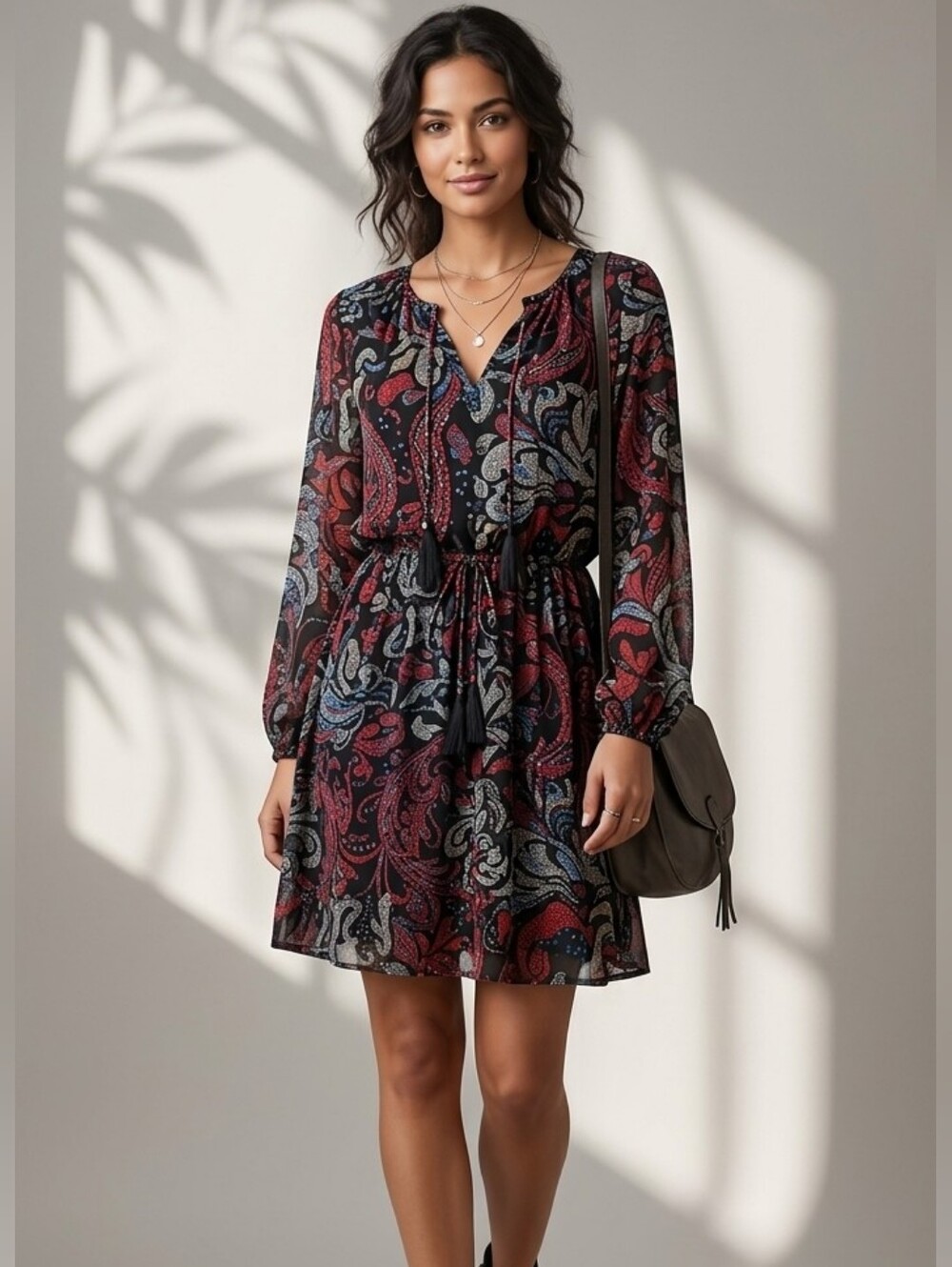BeBop Paisley Mini Dress XL w Long Sleeve Babydoll Tassel Boho Gypsy